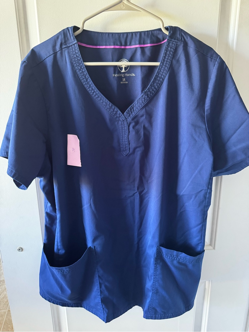 healing hands Navy V-Neck Medical Scrub Top with Pink Trim